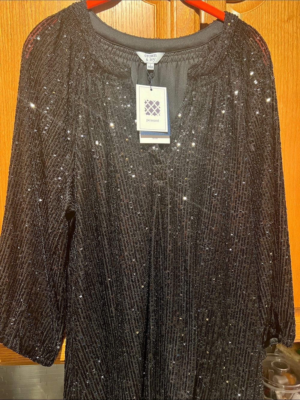 crown & ivy Black Sequined Long-Sleeve Tunic Top